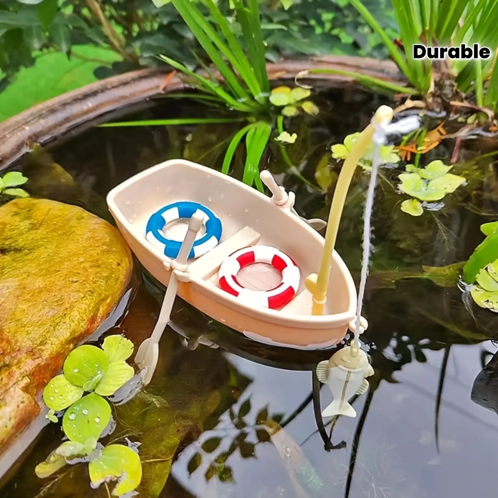 Mini Fishing Boat Model with Swimming Ring, Aquarium Landscape Decoration, Desktop Mini Ornament, Fish Tank Simulated Decor, Fish Tank Decorations