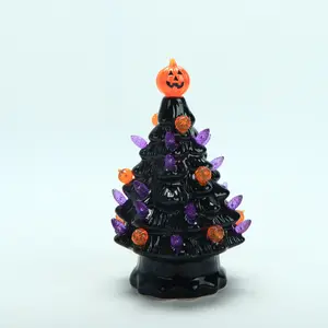 Halloween Decor Ceramic Tree, Hand-Painted Christmas Tree, Battery-Operated Desktop Halloween Glowing Ceramic Tree, Indoor Office Home Decoration