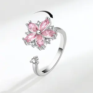 JEYFULL Worry Rings Spinner Fidget Ring with Flower Butterfly Design Pink Stones & Silver Band for Stress Relief