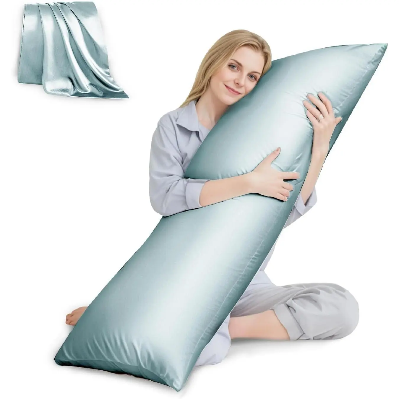 Pillow with Satin Pillowcase, Cooling  Pillow for Adults, Removable Cover, Ice Blue (20"x54")