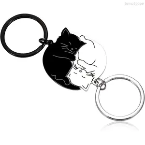 Cute Black & White Yin Yang Cat Couple Keychain - Stainless Steel Cartoon Pet Key Holder, EDC Circular Ring Keychain for Car Keys, Animal Motif Accessories for Adults, Cat Lovers, Accessories Adults