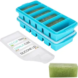 1/2 Cup Silicone Freezer Tray With Lid 2-Pack Silicone Freezer Molds for meal prep freezing sauces and dishes, makes 12 1/2 cup portions cubes, oven and dishwasher safe