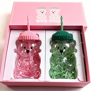 Viral Bearista cold Cup for 2025Holiday Collection,Nostalgia Cute Bear GlassCup With Striped Straw, 2025 Cute CoffeeMugs, Glass Bears Cups, Coffee Beers WineCocktail Drinks Glassware, Teddy Bears CupWith Green Beanie-Style Lid!
