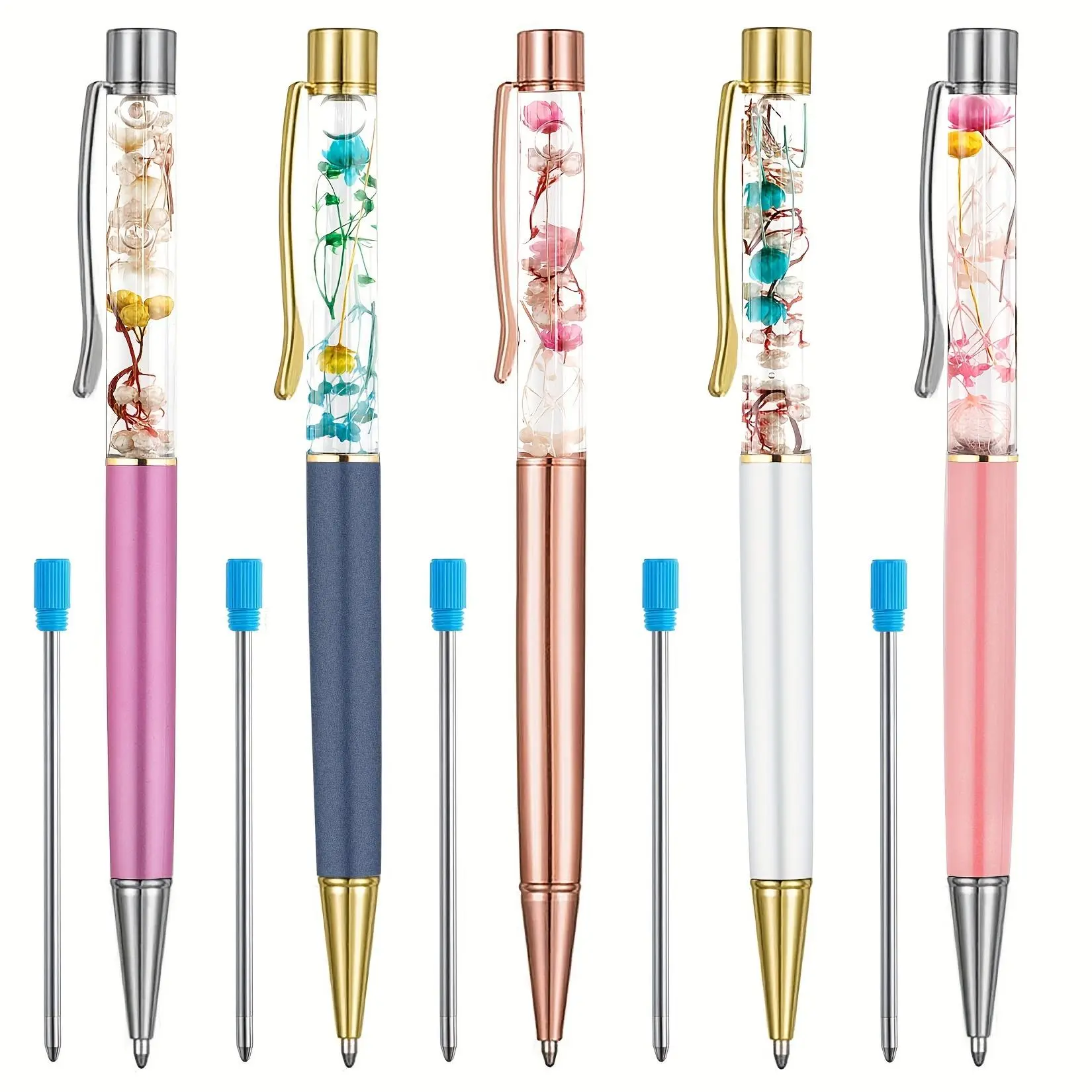 Dried Flower Ballpoint Pen, 1/10/15pcs Dried Flower Design Ballpoint Pen Set with Blue Refill, Creative Writing Pen for School & Office, Aesthetic Pens, Gift for Classmate & Colleague, Ballpoint Pen Gifts