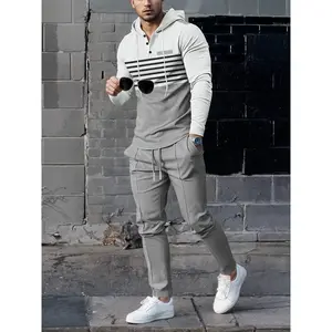 Men's Striped Hooded Sweatshirt & Waffle Knit Pants Set, Breathable Heavyweight Fabric, Casual Streetwear for Travel and Year-Round Wear