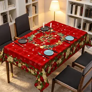 1pc red checkered Christmas wreath pattern printed square tablecloth, washable square table cover suitable for kitchen banquets, picnics, birthdays, parties, home decoration