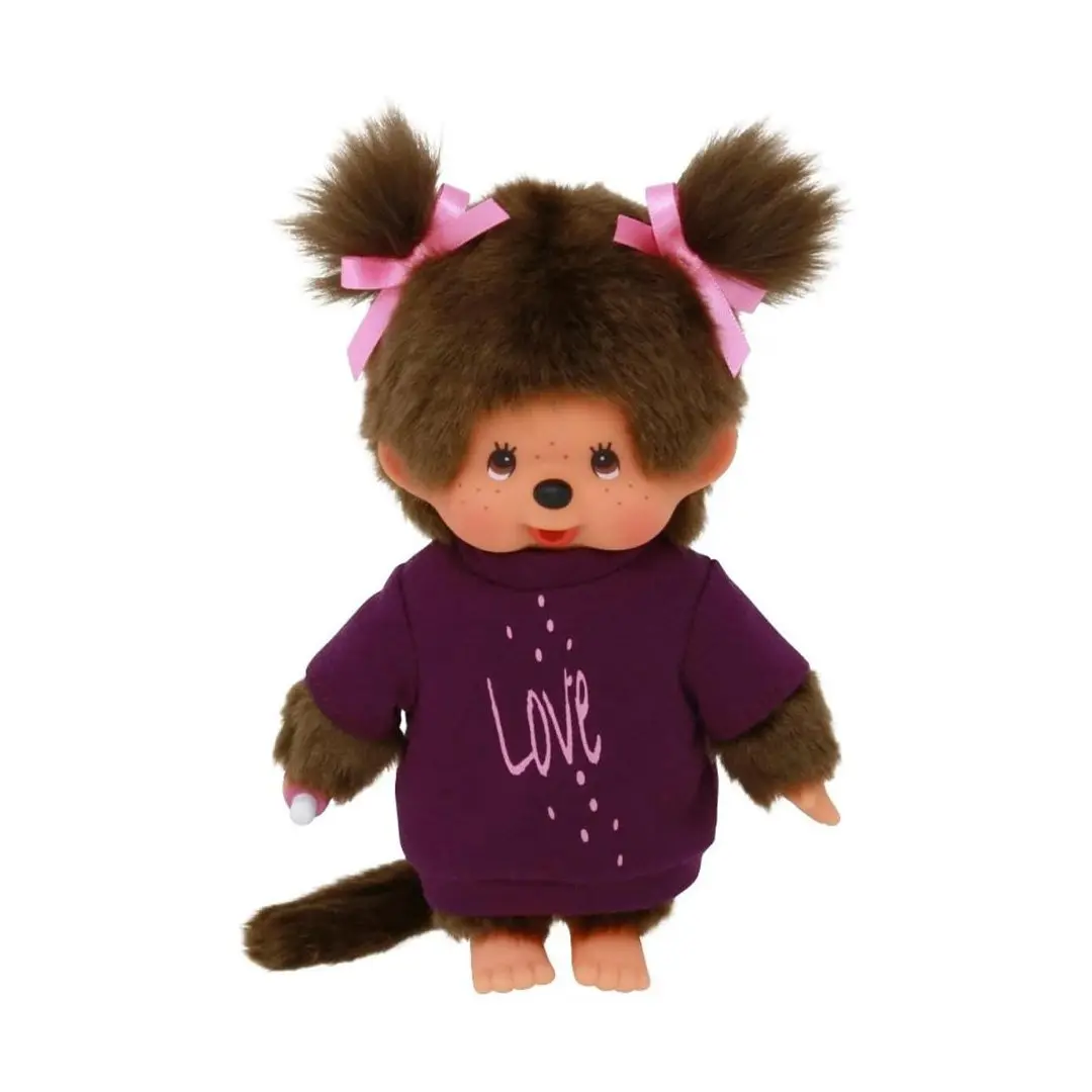 Monchhichi Girl Purple "LOVE" Tee Dress Stuffed Toy, Kawaii Collectible Figures, Soft Huggable Washable Stuffedtoy, Kids' Gift