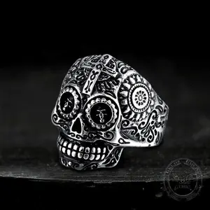 GTHIC Vintage Cross Pattern Stainless Steel Sugar Skull Ring Gothic Accessories for Daily Wear