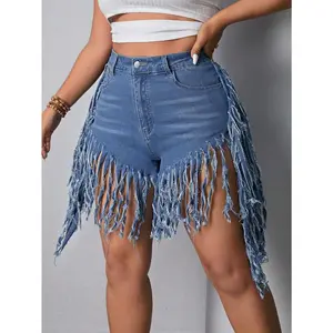 Plus Size Women Fringed Denim Shorts