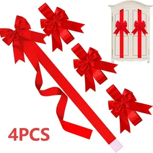 Large Red Bow Christmas Door, 4 Pack Red Polyester Easter Cabinet Door Tassel Bow Garlands, 39.6 Inches Large Festive Ornaments, Versatile Home Decor Gift for Kitchen, Furniture, Easter & Holiday Parties（