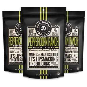 Pop Daddy Flavored Pretzels Sticks | Healthy Gourmet Pretzels Snacks | 7.5oz Individual Bags | 3 Pack | Peppercorn Ranch