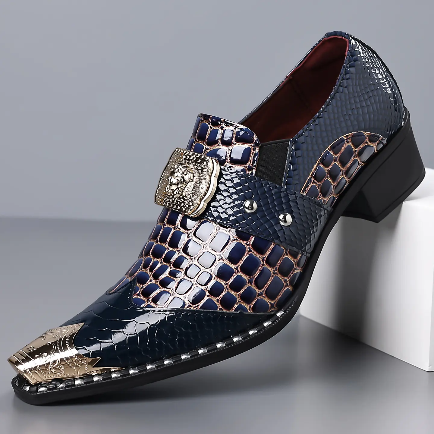 Men's Baroque Luxury Metal Toe Cuban Heel Oxford Men's Shoes - Microfiber Leather Croc-Embossed Panther Buckle Formal Footwear for Nightclub, Wedding