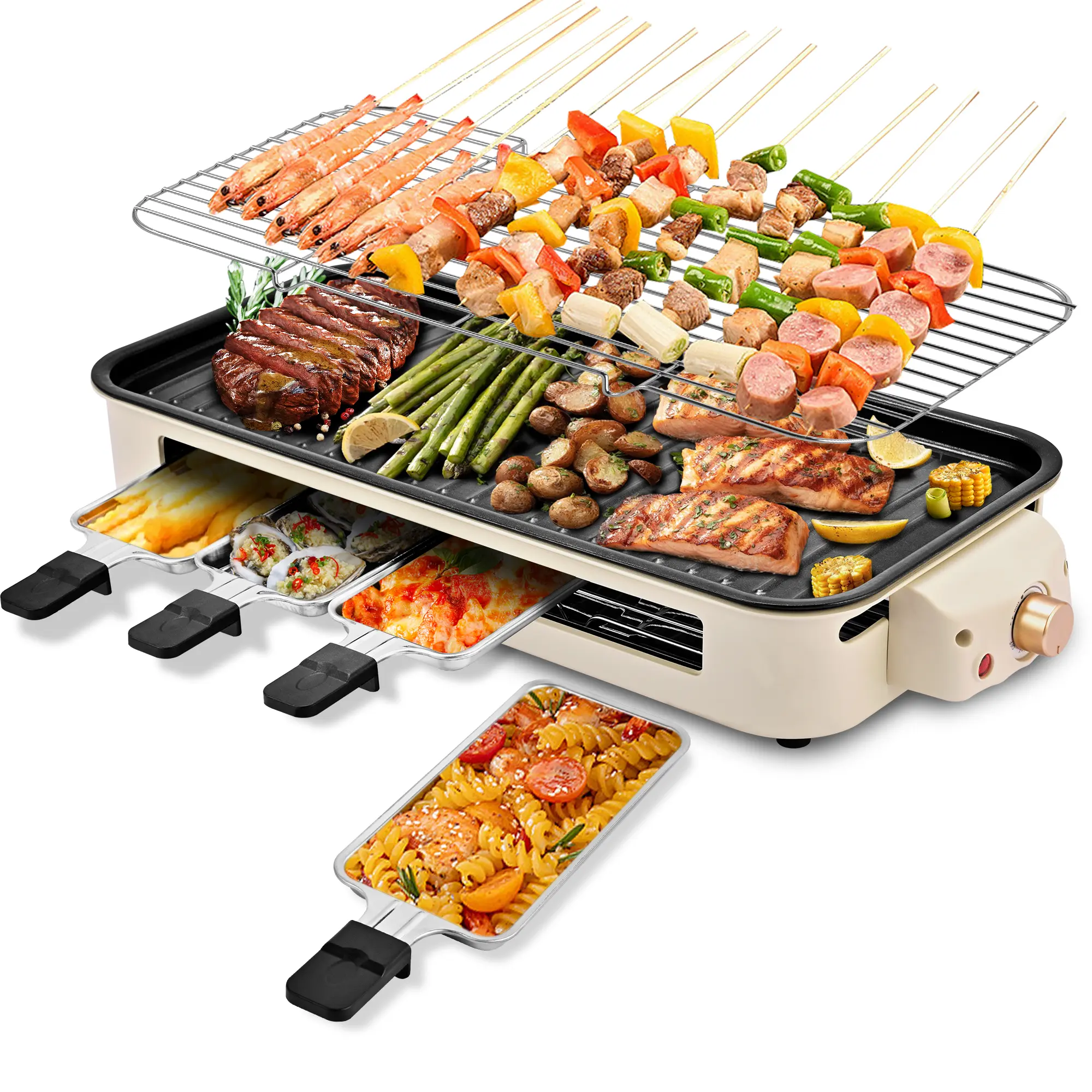 Pukomc Corded Electric Smokeless Portable Barbecue Grill - 5 Temp Sets, Rectangular Non-Stick Universal Griddle, Removable Dishwasher-Safe Tray, Standard Plug Household Kitchen Appliance, Corded Unit