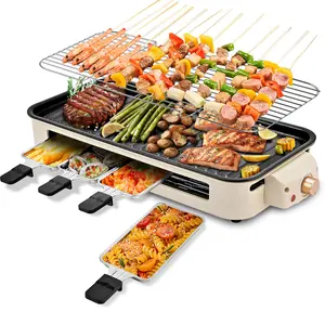 Pukomc Electric Smokeless Indoor Grill 5 Temperature Settings Non-stick Surface Removable Tray Dishwasher Safe Portable Bbq All Purpose Grilling Nonstick Coating Griddle Household Kitchen Appliances