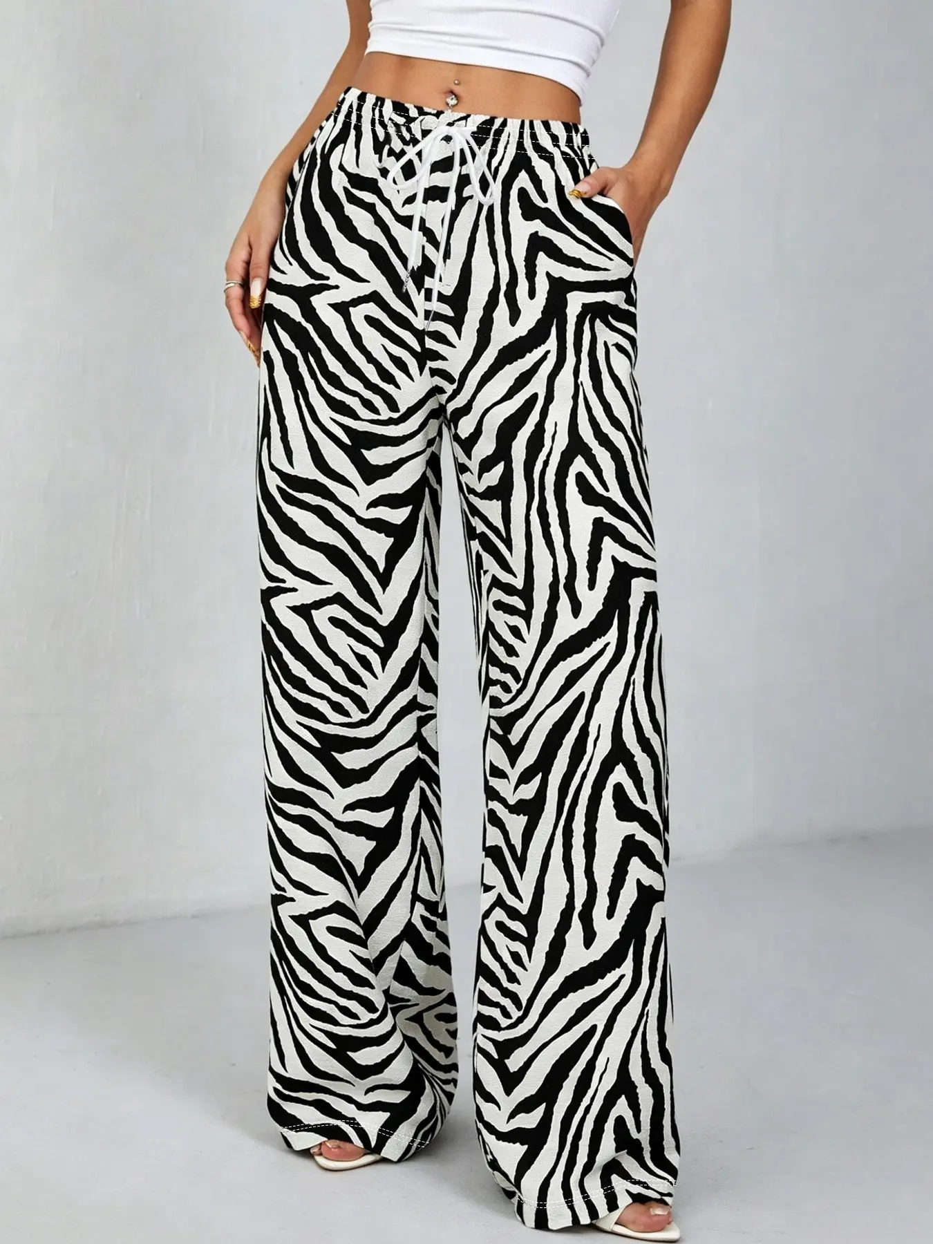 Women's Zebra Print Drawstring Wide Leg Pants, Elastic Waist with Pockets, Casual All-Season Comfortable Fashion, Daily Wear, Casual Fashion Trousers, Casual Style Bottoms, Womenswear