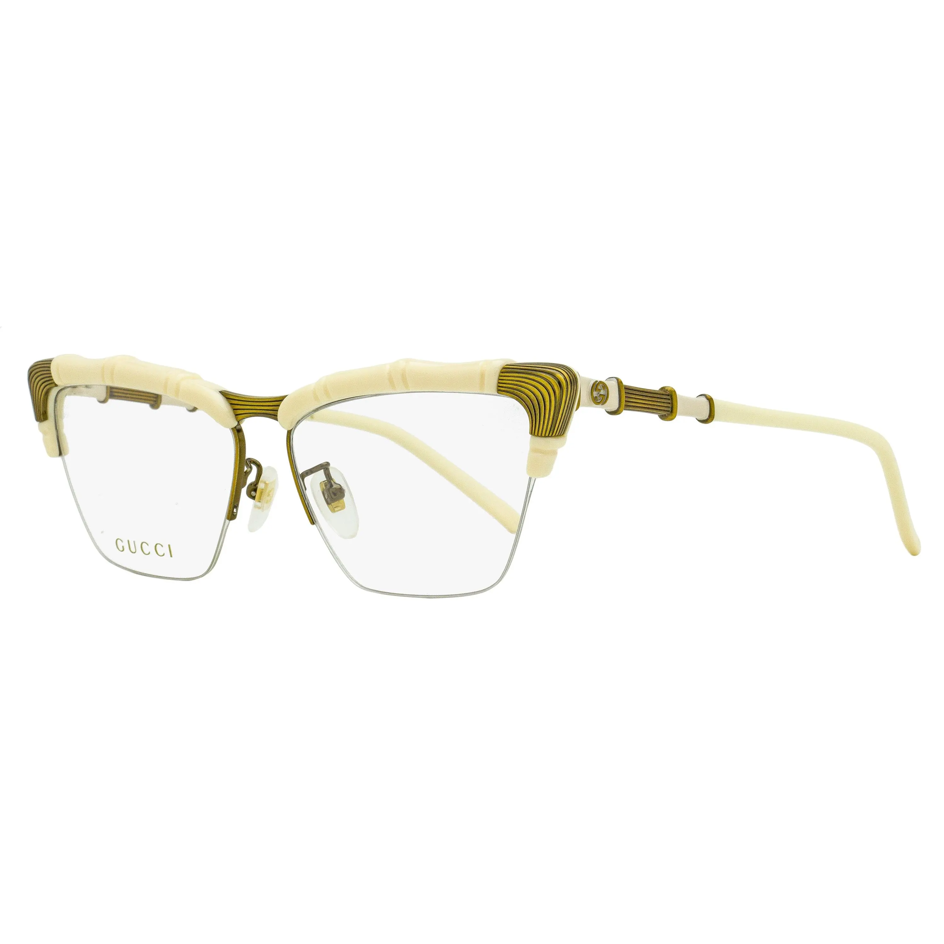 Gucci Bamboo Signature Optical Women's Eyeglasses - GG0660O 002, Ivory-Antique Gold, 58mm, Metal Frame, Bamboo Accents, GG Logo, Vintage, Eyewear Fashion, Demo Lens