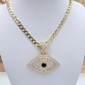 Xuping Gold-Plated Protection Necklace - Evil Eye Symbol Pendant, 20-in Cuban Chain, Black Cubic Zirconia, Daily Wear Style Chain Jewelry Necklaces (C13)