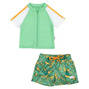 Boys Short Sleeve Zipper Rash Guard and Swim Trunk Set | "The Tropics"