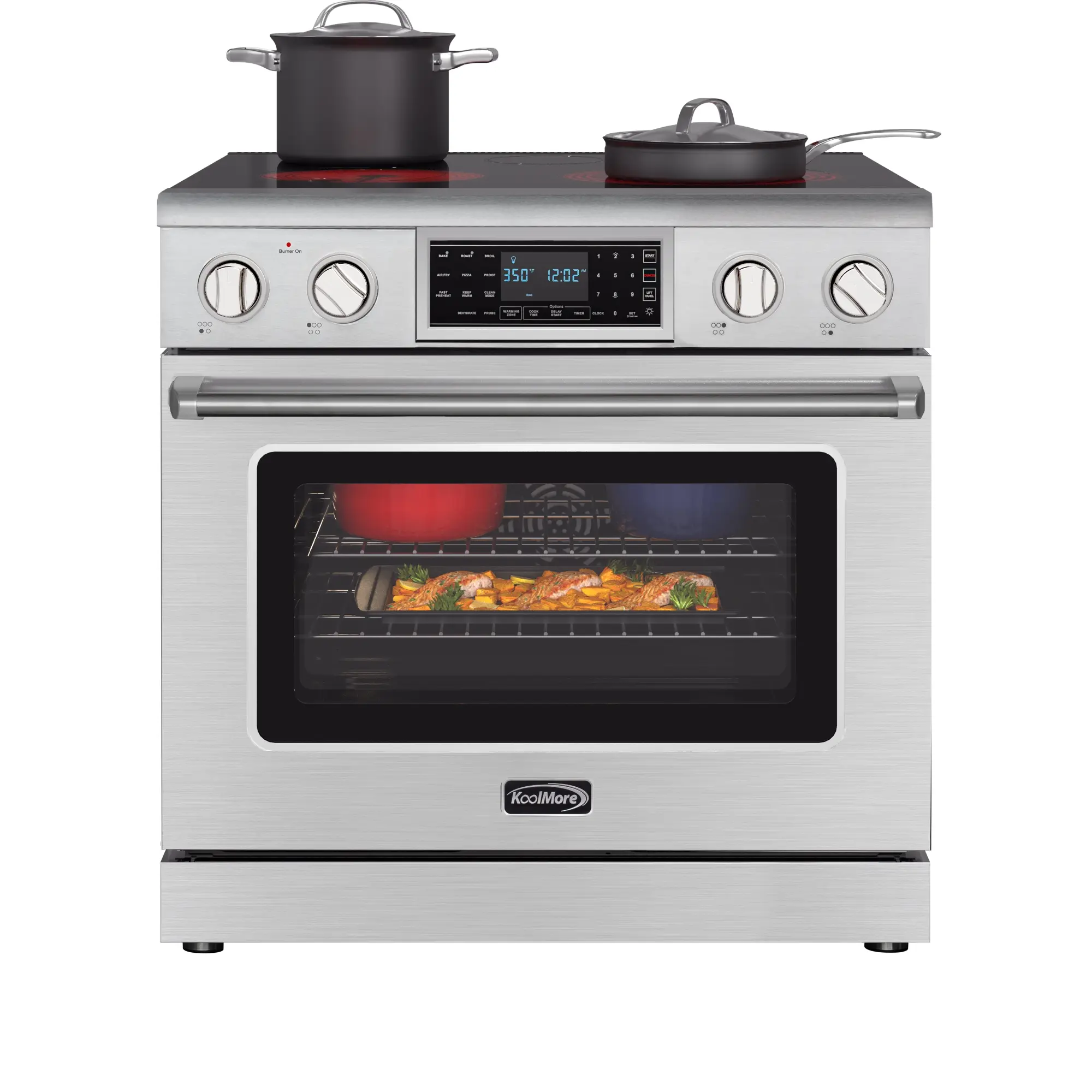 36 in. Stainless-Steel Electric Professional Range (KM-EPR-36TDP-SS) - Tilt Panel, Digital Controls, Self-Cleaning, 16300W 240V, 3000W Quick Boil Element, 150°F to 550°F Temp Range, Yes for Home Cooking, Lead-Free, 3,000W Quick Boil Element, 36-Inch, 6 Cu