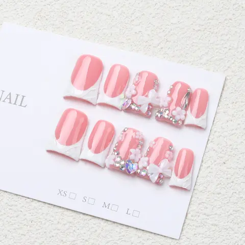 10-Piece Y2K Duckbill Shape French False Nails Set, Reusable Handmade Fake Nails, Acrylic Nails, Artificial Nails, Bow Design, Rhinestone Decor, Perfect Gift, Nails Press Ons, Pressed on nails, Nail Art Design, Nail Designs