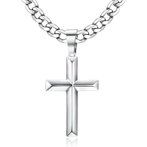 Fansilver 925 Sterling Silver Cross Pendant with Stainless Steel Cuban Chain Necklace Link Polished Beveled Edge Cross Chain Cross Necklace for Men Women 18-30 Inches Jewelry