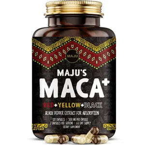 MAJU Organic Maca Capsules (120ct) - Edible Vegetarian Dietary Supplement, Red, Yellow, & Black Maca, Hormone, Healthcare, Optimum Stamina & Fitness