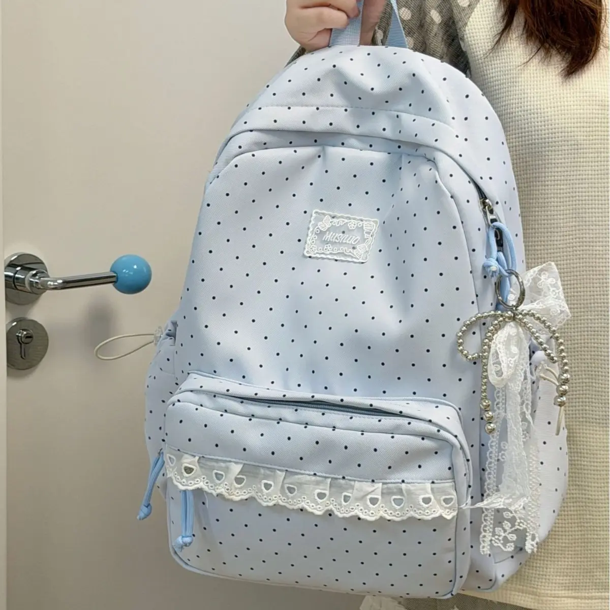 Sweet Polka Dot Nylon Backpack with Lace Trim & Pearl Bow Charm - Lightweight Laptop Travel Daypack for Daily Commute