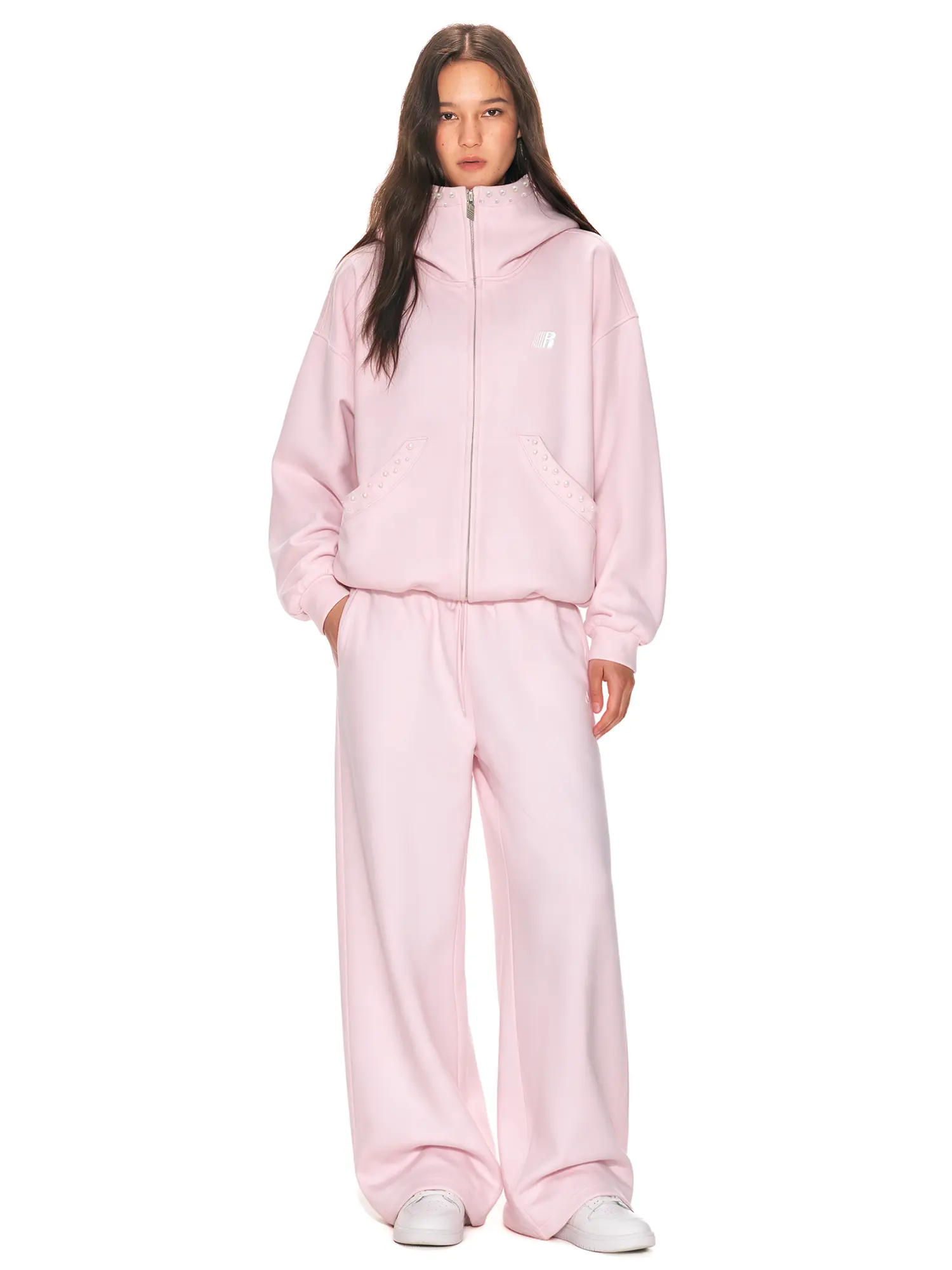 FDR Women's Pearl Embellished Zip-Up Hoodie, Oversized Stand Collar Jacket with Pearl Bead Detail, Elegant Y2K Streetwear Outerwear, Relaxed Fit Long Sleeve Casual Layer for Everyday Wear