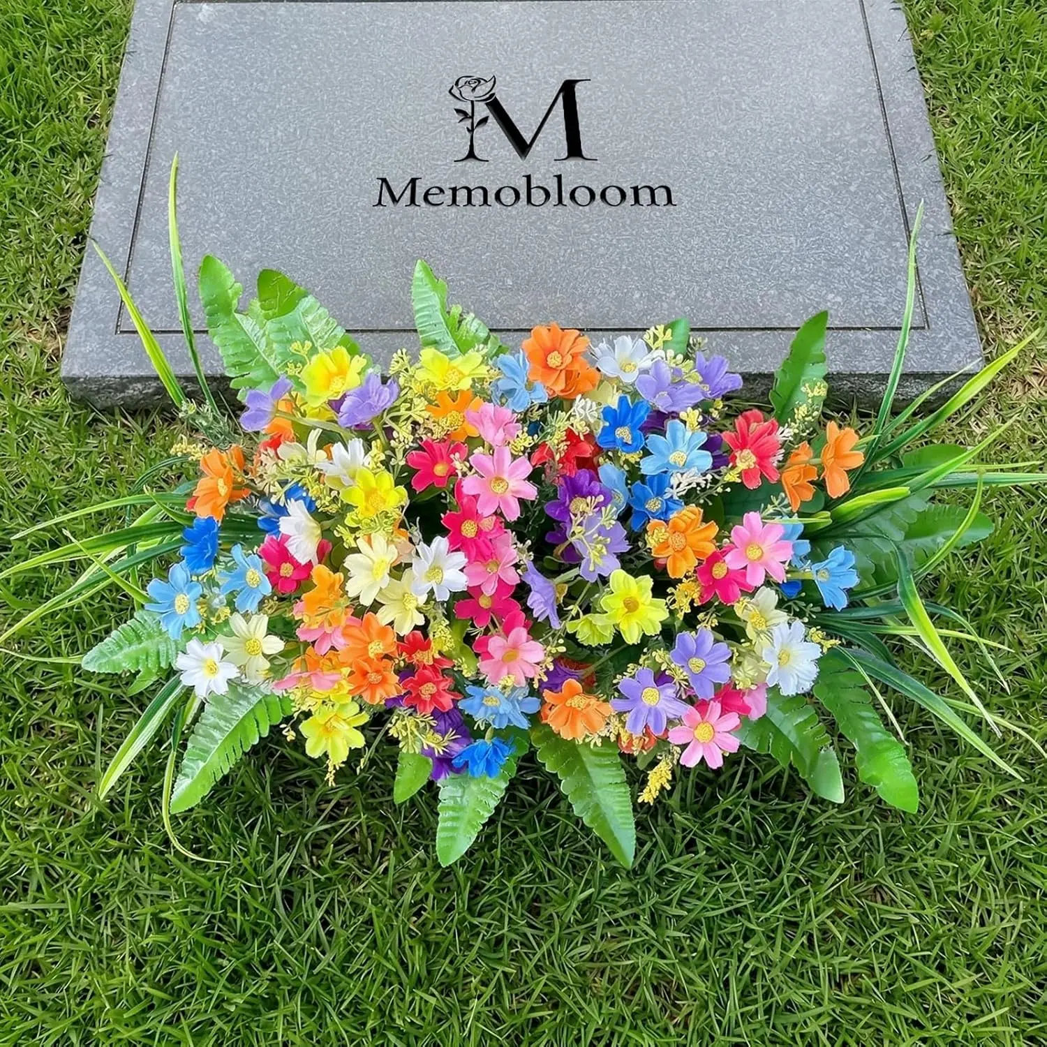 Decorative Artificial Cemetery Grave Flowers with Stake - 23.6x18.9" Colorful Mix Faux Silk Wildflowers, High-Density Foam Plants for Memorial Day Outdoor Gravesite Decor, Iron Basket