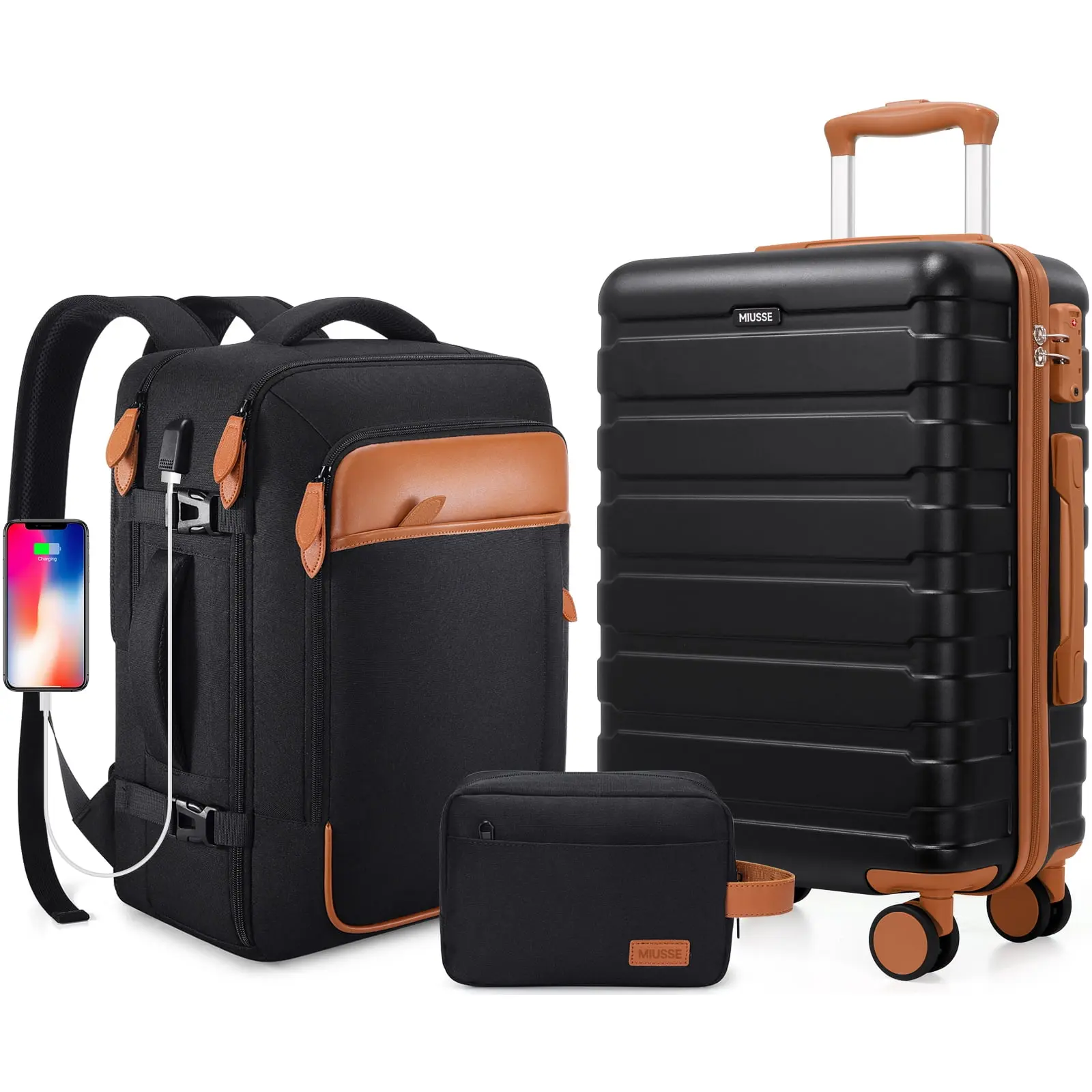 MIUSSE Carry on Luggage Set 3 Piece Hard Shell Luggage Sets with YKK Zipper Spinner Wheels TSA Lock Carry on with Backpack Set