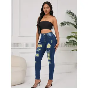 High Waist Ripped Skinny Jeans with Yellow Patch Detail | Distressed Denim Pants | Color Block Patchwork Jeans for Women 2026
