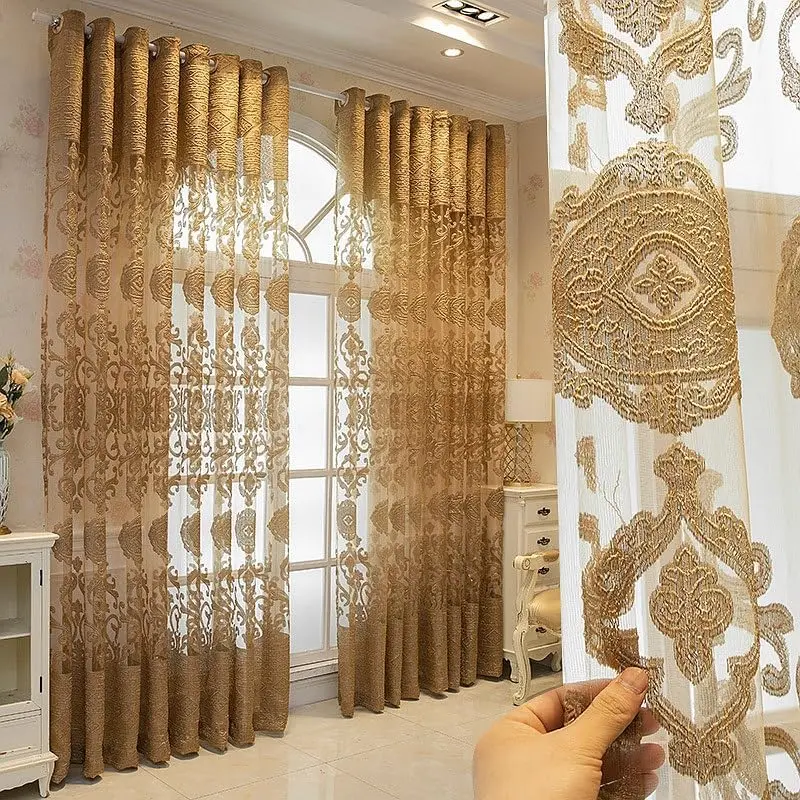 European Golden Flower Embroidery Sheer Curtains Villa Luxury Grommet Top Voile Drape for Living Room Curtain Panel Tulle Home Decor 52 inch Wide by 96 inch Long 1 Set of 2 Panels