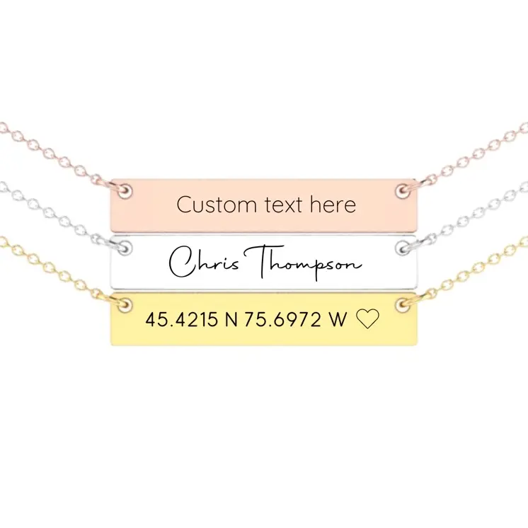 Personalized name bar necklace for woman, stainless steel jewelry, no tarnish, no color change, customizable with dates, names, gift for friend, Christmas gift, valentines gift for her