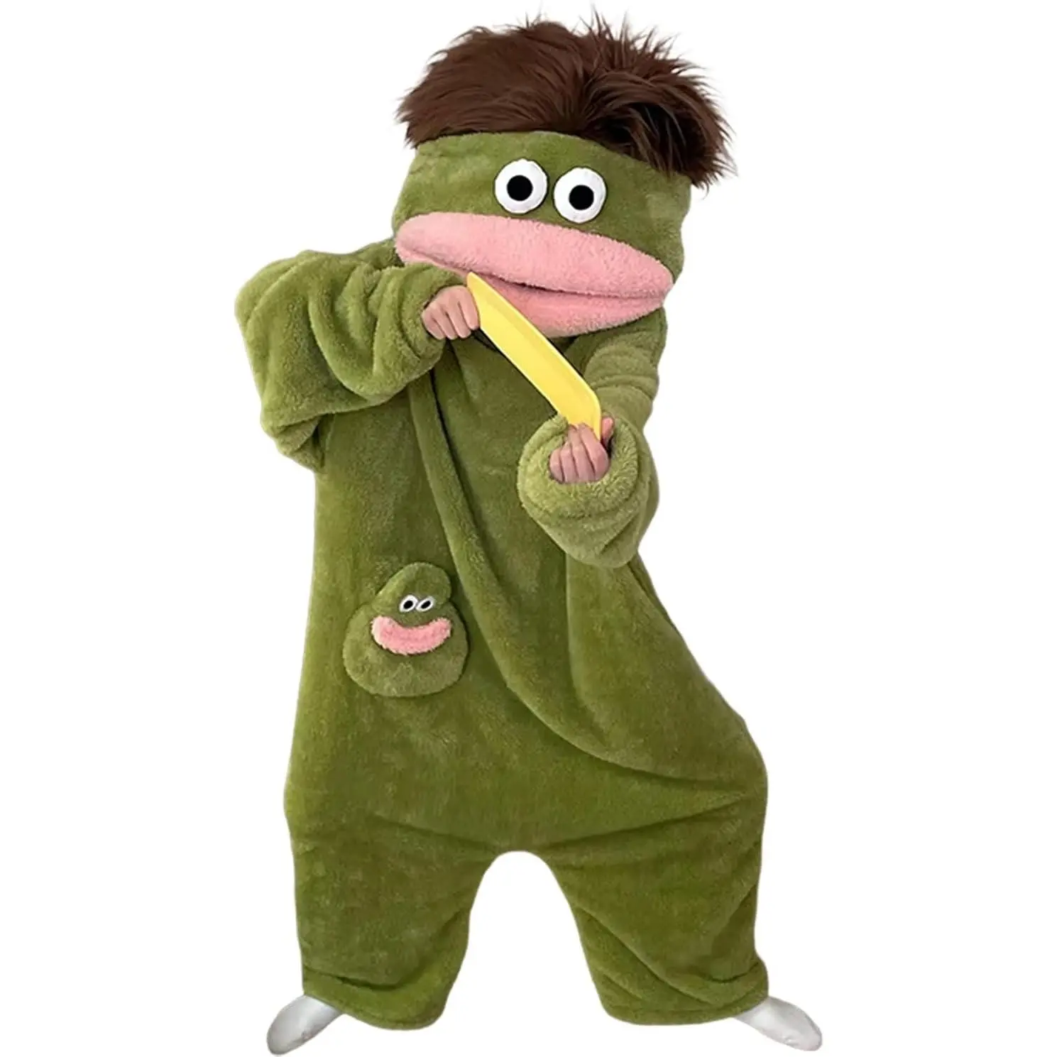 Funny Big Mouth Monster Wearable Blanket Hoodie Onesie, Upgraded Premium Thick Soft Plush Cute Pajamas Loungewear for Women Men Oversize One Size, Complete Set with Free Comb & Matching Foot Covers, Ideal Gag Gift for Halloween Party Cosplay