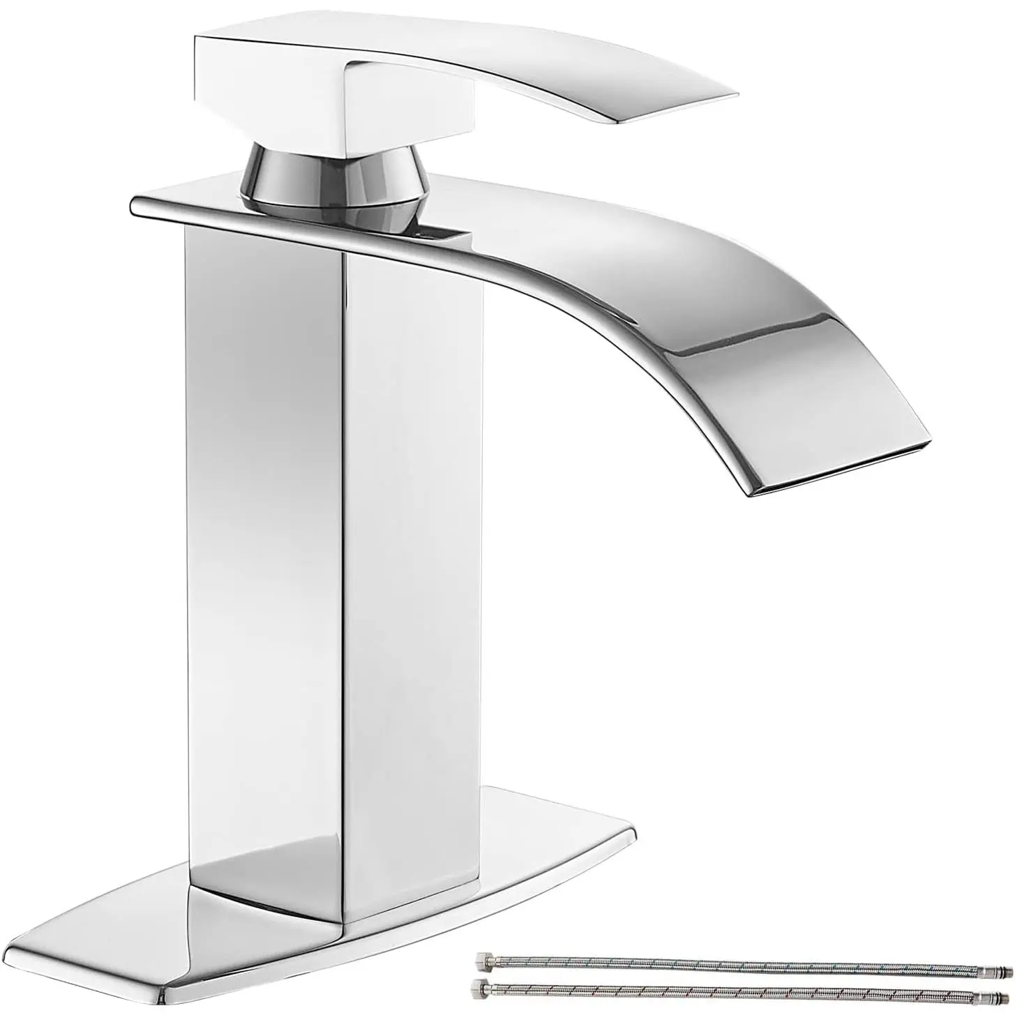 Waterfall Spout Chrome Bathroom Faucet,Single Handle Bathroom Vanity Sink Faucet with cUPC Supply Lines, Basin Mixer Tap with Deck Plate, Stainless Steel (1 or 3 Hole)/ Chrome Modern Design