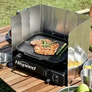 OesenX Windproof aluminum alloy folding wind deflector; strong windproof performance; can be fixed to the ground with a pin; compatible with both portable gas stoves and stove heads; comes with a drawstring storage bag.