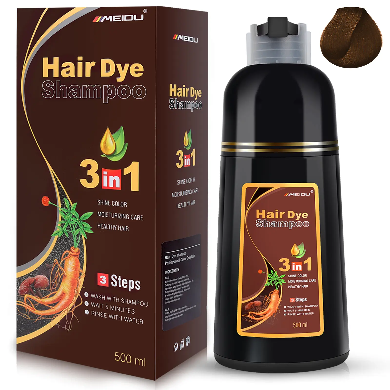MEIDU 3-in-1 Semi Permanent Brown Hair Dye Shampoo - Gray Coverage, Herbal Haircare, Ginseng Extract, Natural Coloring, Semi Permanent Hair Dye