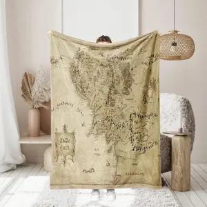 Middle Earth Map Print Flannel Blanket, Skin Friendly Warm Soft Blanket for Family Rooms, Office Use, Cozy Decorative Cover