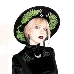 Y2K Retro Gothic Witch Hat, Printed Polyester Felt, Intricate Pentagram & Lace Trim, Lightweight & Hand Washable, Perfect for Halloween, Party Event Props, Party Hats