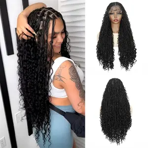 24-Inch Bohemian Goddess Box Braid Wig for Women - No Glue & Knotless with Curly Tips, Double Full Lace Front Featuring Butterfly Edge, Flame-Retardant Lightweight Synthetic Hair (180% Density), Breathable & Comfortable - Perfect for Easter And Summ