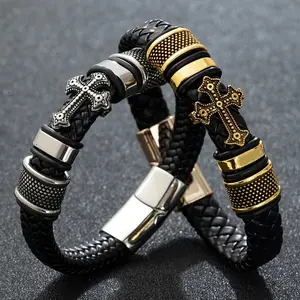 PU Leather Stainless Steel Braided Cross Bracelet Men's Vintage Rope Boho Style Adjustable Bangle Jewelry Classic Interweaving Eternal Style Trendy Fashionable Accessories Trendy Jewellery Accessories