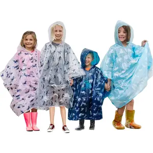 Disposable Kids Emergency Rain Ponchos 4 Pack Hooded Ponchos With Fun Designs for Boys and Girls