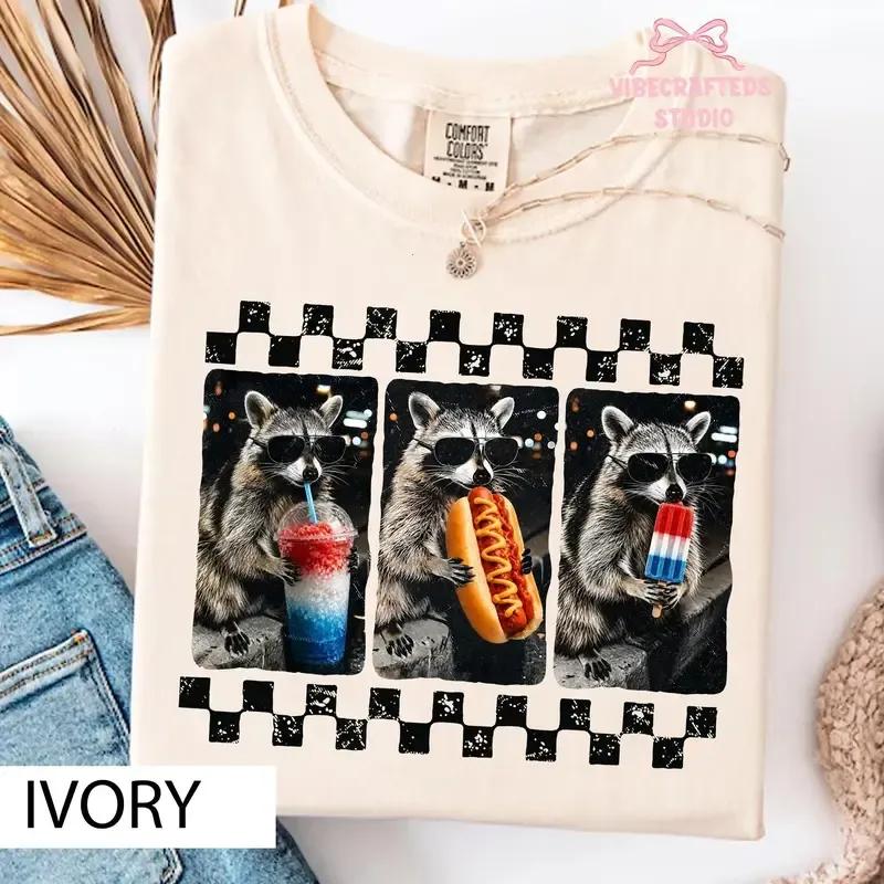 Funny Patriotic Raccoon Comfort Colors Shirt, Raccoon Drinking Slushie Eating Hotdog and Popsicle Tee, Vintage 4th of July Animal Shirt