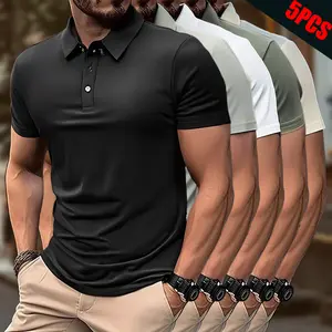 LIFE KEEPS MOVING  5PCS Men's Solid Color Polo Shirt with Half Placket, Breathable Sports Short Sleeve Casual Top for Outdoor Activities, Comfortable and Soft Fabric Classic Business Attire for Men