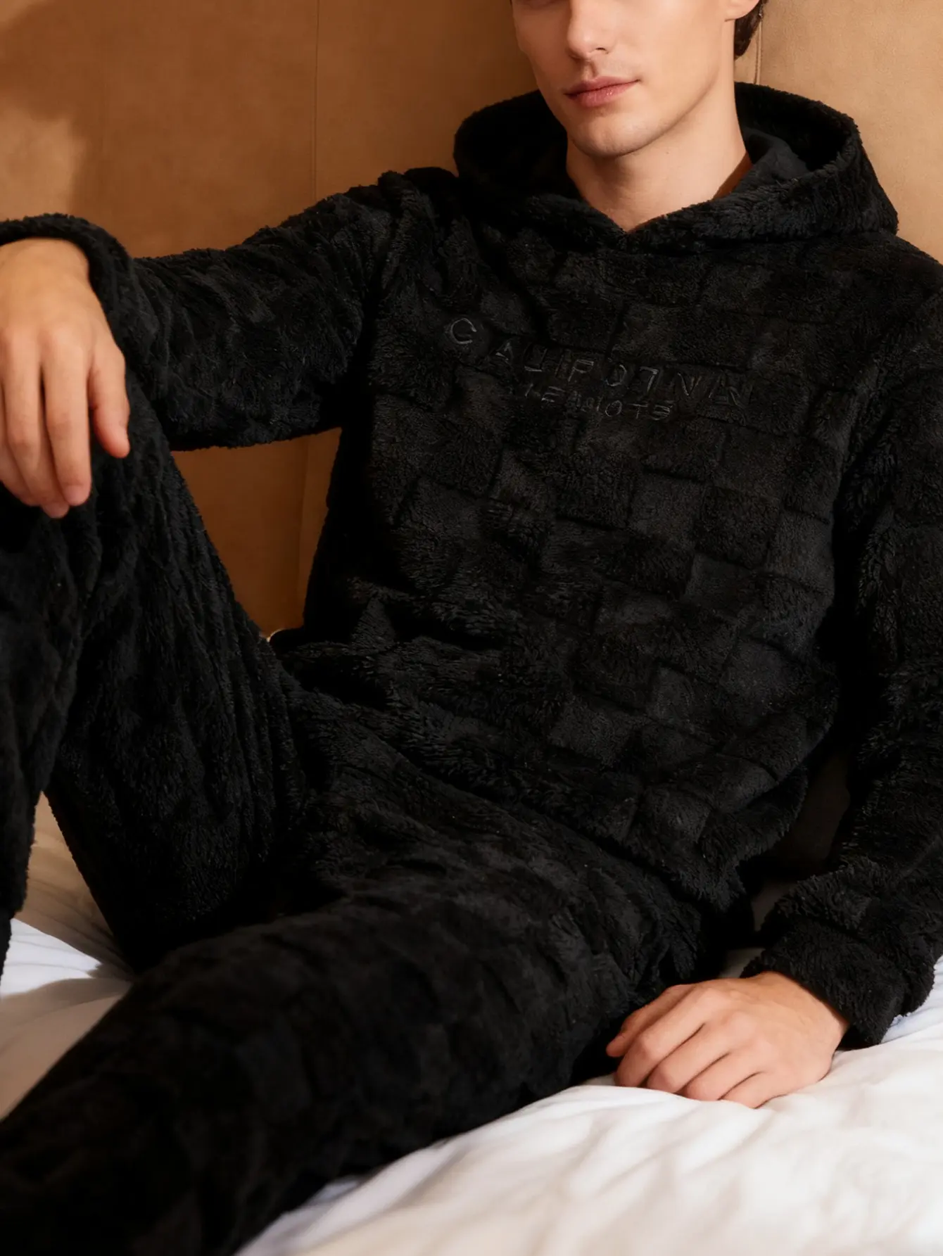 Men's 2-Piece Stylish Menswear Loungewear Set - Super-Soft Fleece Plaid Print Embroidered Fitted Long Sleeve Hoodie & Pajama Pants, Cozy Relax Sleepwear