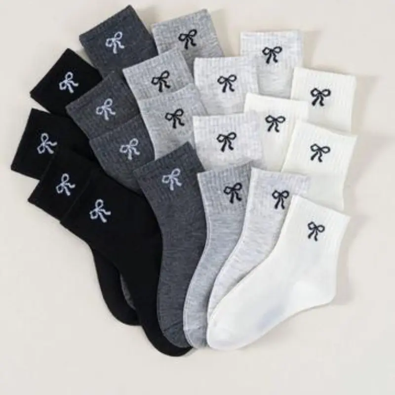 10/20 Pairs Kids Mid-Calf Socks, Bow Pattern, Student School Socks, All Seasons, Comfortable, Soft, Breathable