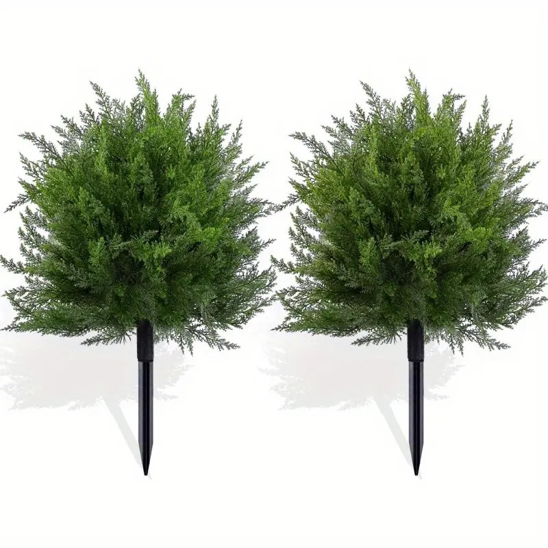 2 Pack Artificial Cedar Topiary Ball Trees with Ground Spike, UV Resistant Fake Bushes, Set of  Faux Cypress Fake Plants Faux Shrubs for Outdoor Indoor Front Porch Garden Decor.Floral Accent Decor