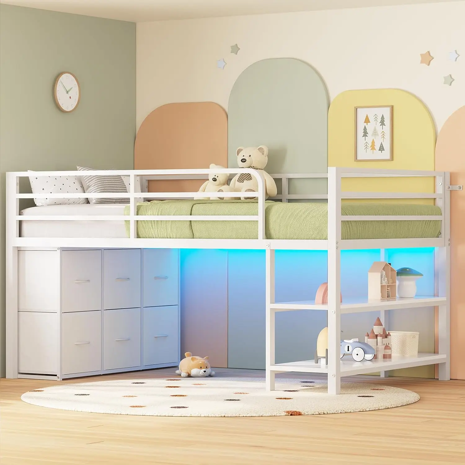 ADORNEVE Low Loft Bed with 6 Storage Drawers, Twin Loft Bed with LED Lights, Metal Loft Bed Twin Size with Open Storage Shelves, Twin Bed Frame with 15" H Safety Guard Rail for Kids