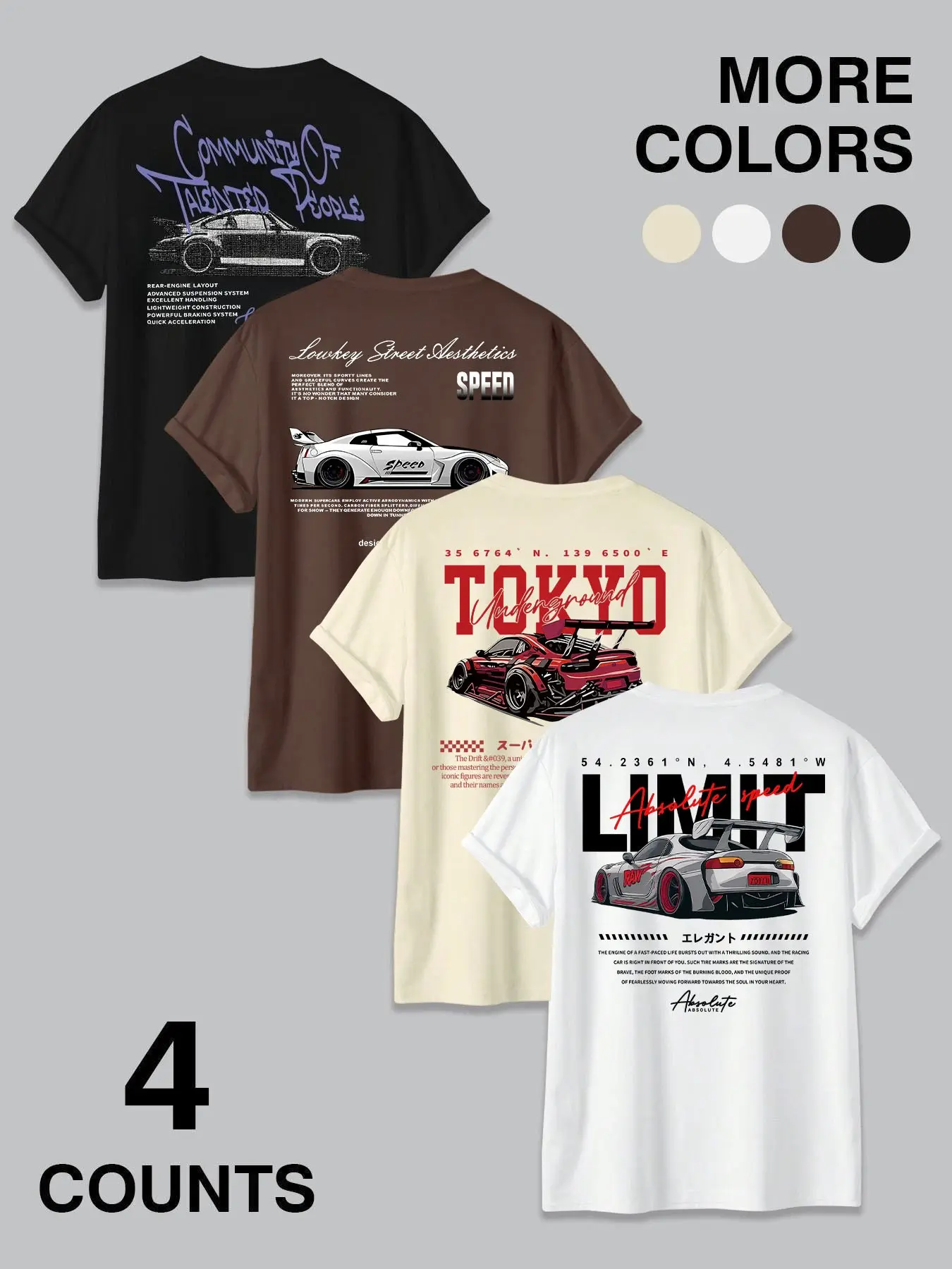 Four-Color Modified Car Print Short Sleeve Round Neck T-Shirt Set, Japanese Style Jdm Street Fashion Loose Top, Casual Geometric Pattern, Streetwear, Casual Streetwear Tops