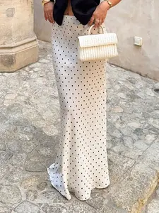 Vintage Elegant High Waist Polka Dot Skirt, Women's Slimming Versatile Satin Long Dress, Fitted A-Line Style, Elastic Waist, High Waist Skirts, Skirt For Daily